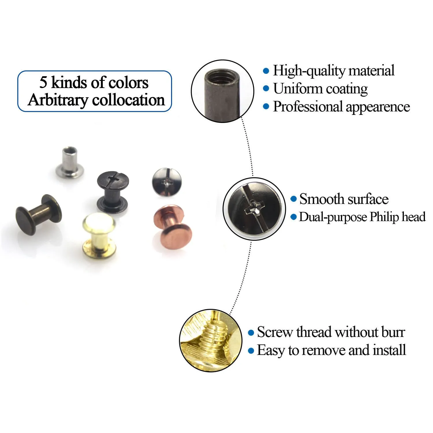 100 Sets Screw Rivets for Leather 5/16 Inches Kit in 5 Colors Chicago Screw Rivets Bolts ，for DIY, Handbags, Belts, Binding, Photo Albums, & Shoes （M5*8 Black Silver Gold Copper Rose Gold）
