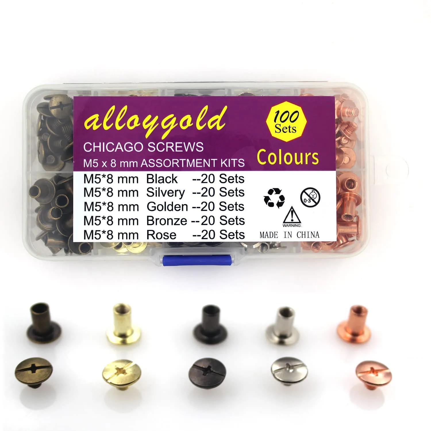 100 Sets Screw Rivets for Leather 5/16 Inches Kit in 5 Colors Chicago Screw Rivets Bolts ，for DIY, Handbags, Belts, Binding, Photo Albums, & Shoes （M5*8 Black Silver Gold Copper Rose Gold）