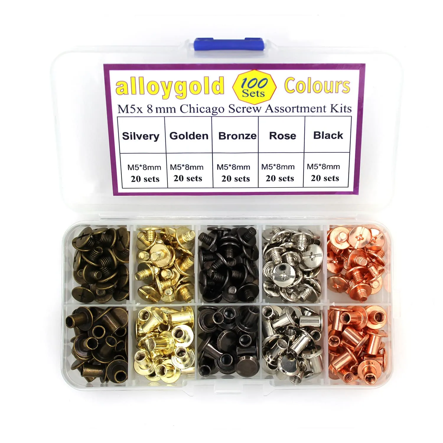 100 Sets Screw Rivets for Leather 5/16 Inches Kit in 5 Colors Chicago Screw Rivets Bolts ，for DIY, Handbags, Belts, Binding, Photo Albums, & Shoes （M5*8 Black Silver Gold Copper Rose Gold）
