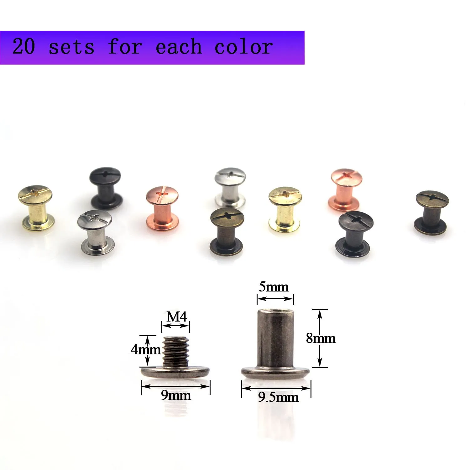 100 Sets Screw Rivets for Leather 5/16 Inches Kit in 5 Colors Chicago Screw Rivets Bolts ，for DIY, Handbags, Belts, Binding, Photo Albums, & Shoes （M5*8 Black Silver Gold Copper Rose Gold）