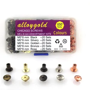 100 Sets Screw Rivets for Leather 5/16 Inches Kit in 5 Colors Chicago Screw Rivets Bolts ，for DIY, Handbags, Belts, Binding, Photo Albums, & Shoes （M5*8 Black Silver Gold Copper Rose Gold）