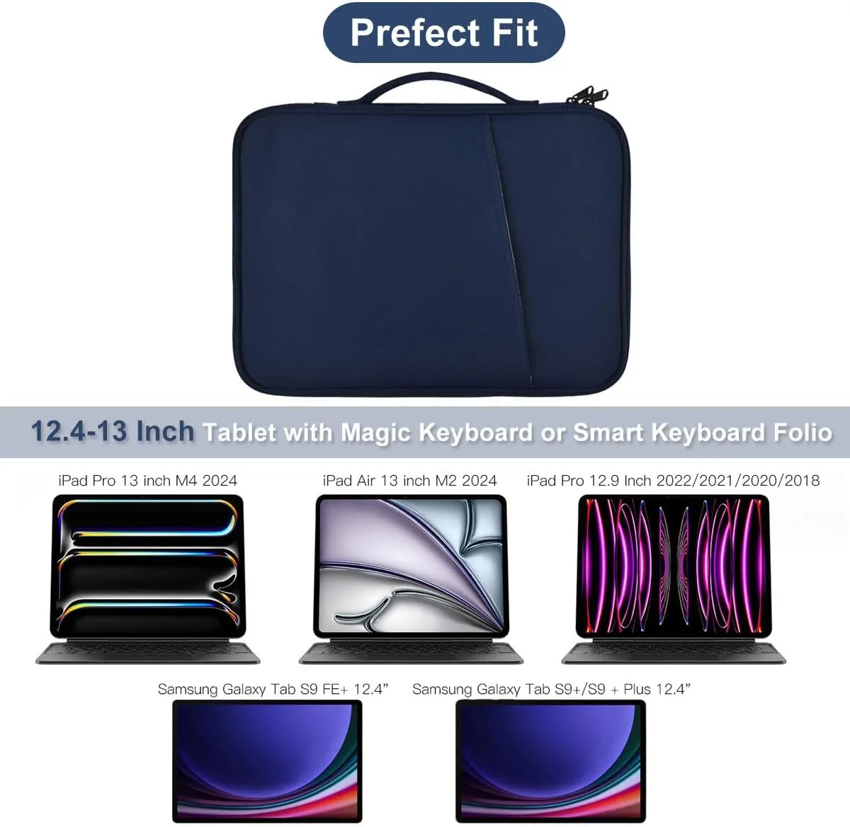12.9 Inch Tablet Carrying Bag for Samsung Galaxy Tab S9  Plus/S8 /S7  Plus/S7 FE 12.4" & 13 inch iPad Pro M4, iPad Air M3 M2 2025 2024, Surface Pro 11 Snapdragon,10,9,8,X,7 ,7,6,5,4,3 Sleeve Case-Blue