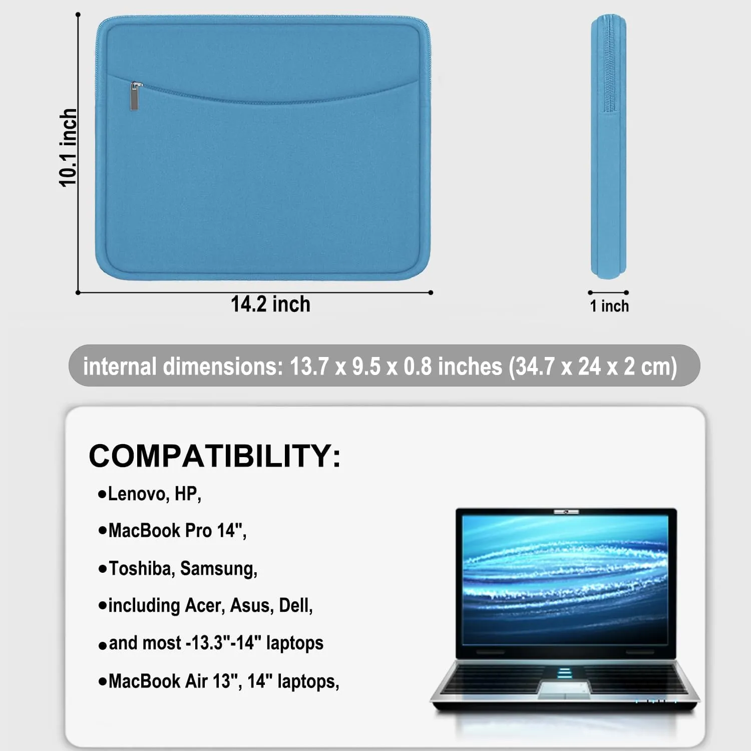 14 inch Laptop Sleeve Case, Shockproof Protective Laptop Cover Briefcase Carrying Computer Bag with Accessory Pocket Portable Computer Sleeve for 14" MacBook, HP, Dell, Lenovo, Acer, Light Blue