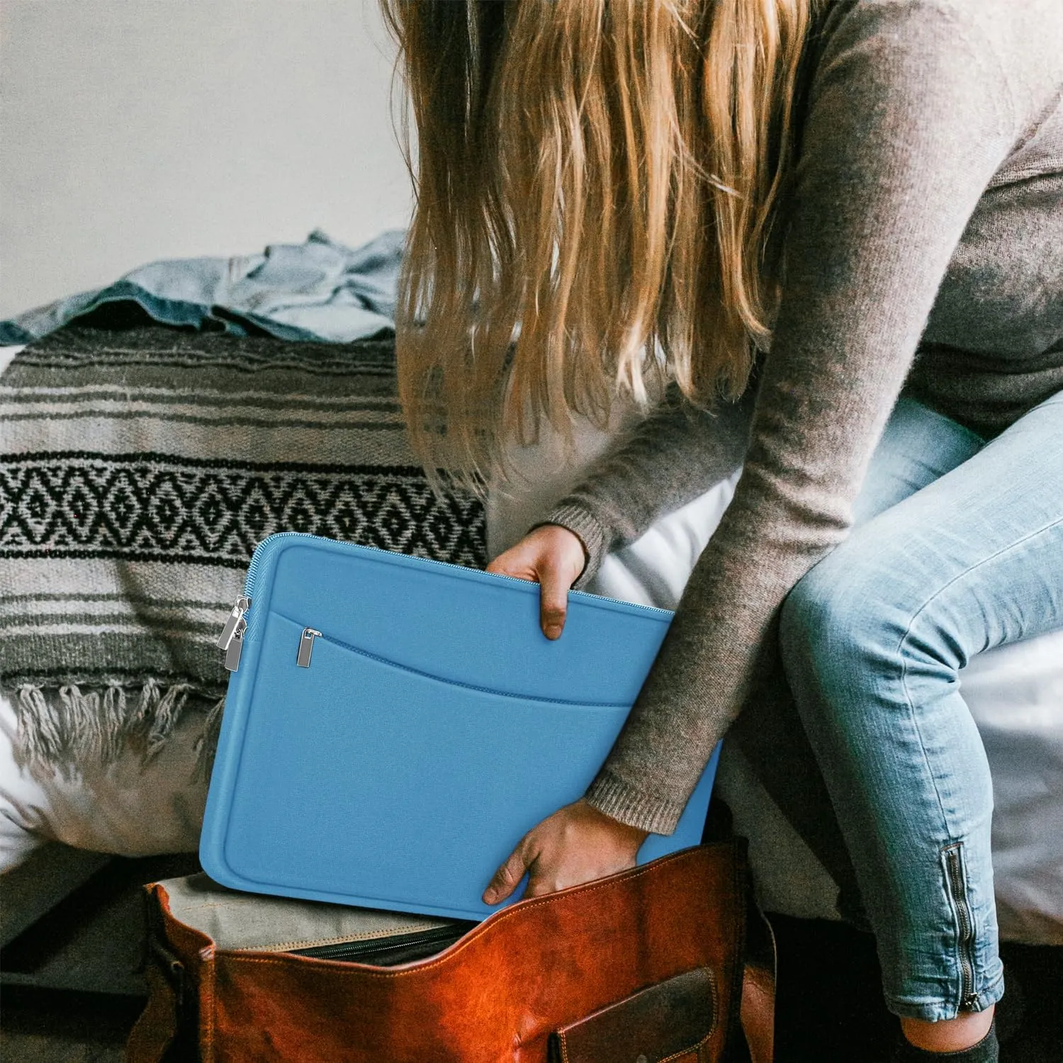 14 inch Laptop Sleeve Case, Shockproof Protective Laptop Cover Briefcase Carrying Computer Bag with Accessory Pocket Portable Computer Sleeve for 14" MacBook, HP, Dell, Lenovo, Acer, Light Blue
