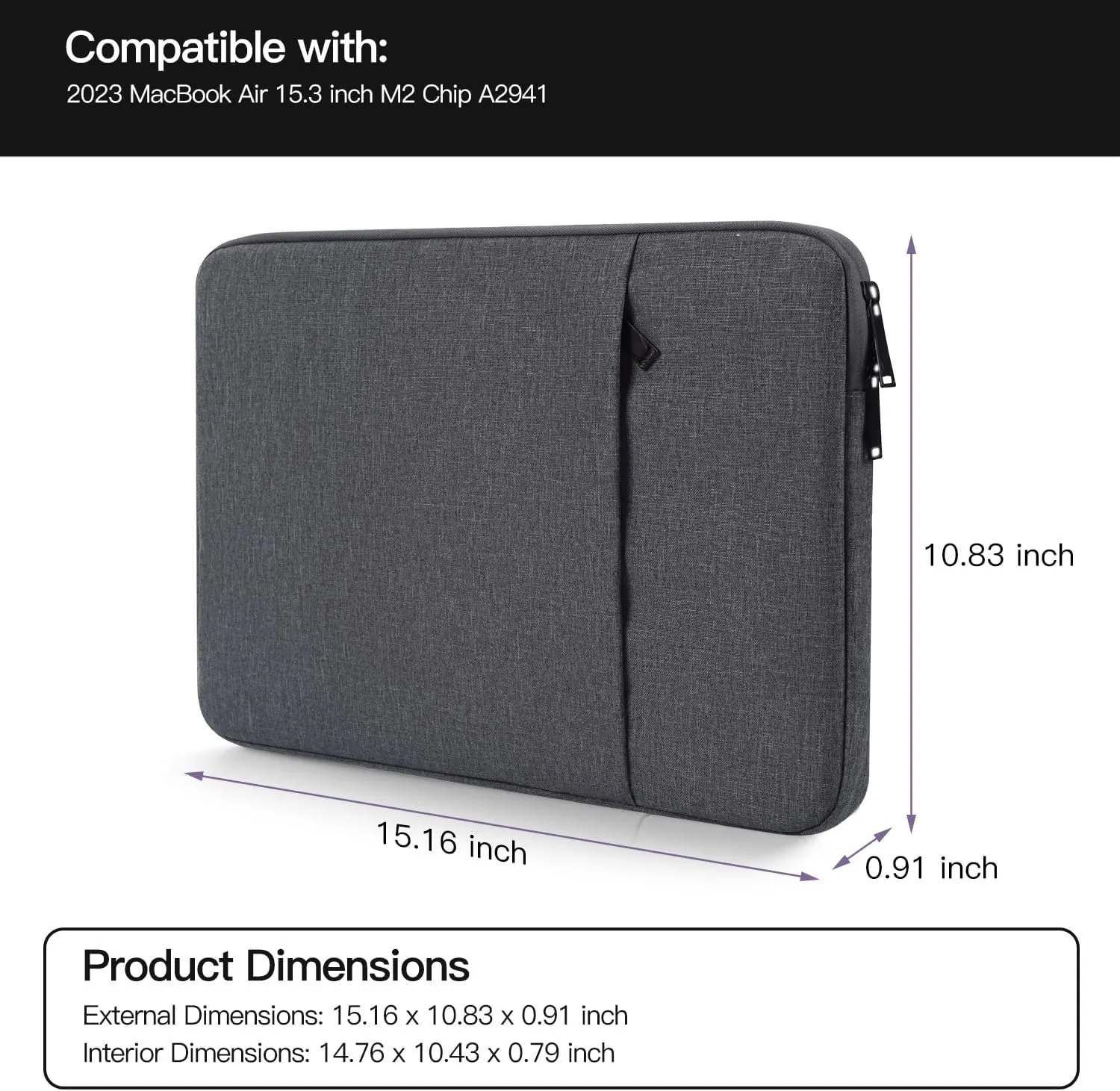 15 inch Laptop Sleeve Case for 2025 2024 MacBook Air 15 inch with Apple M2 M3 M4 Chip A2941 A3114 A3241, Water-Resistant Shockproof Carrying Bag Cover -Space Gray