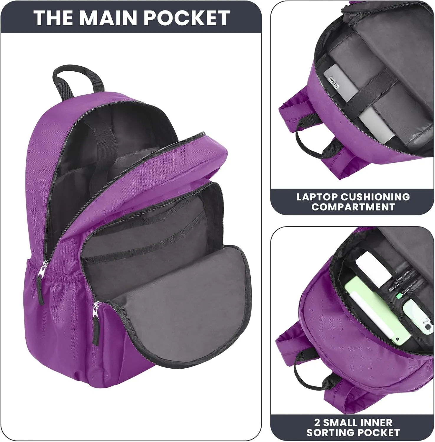 15.6 inch Basic Backpack for Men, Travel Backpacks Carry on, Water Resistant School Backpacks for Teens, College Back Pack Bookbag for Boys Girls, Work Backpack for Women (Purple)