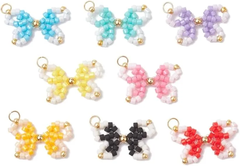 16Pcs Two Tone Glass Seed Beads Bowknot Pendants Beaded Bow Tie Charms for Jewelry Necklace Bracelets Making Crafts
