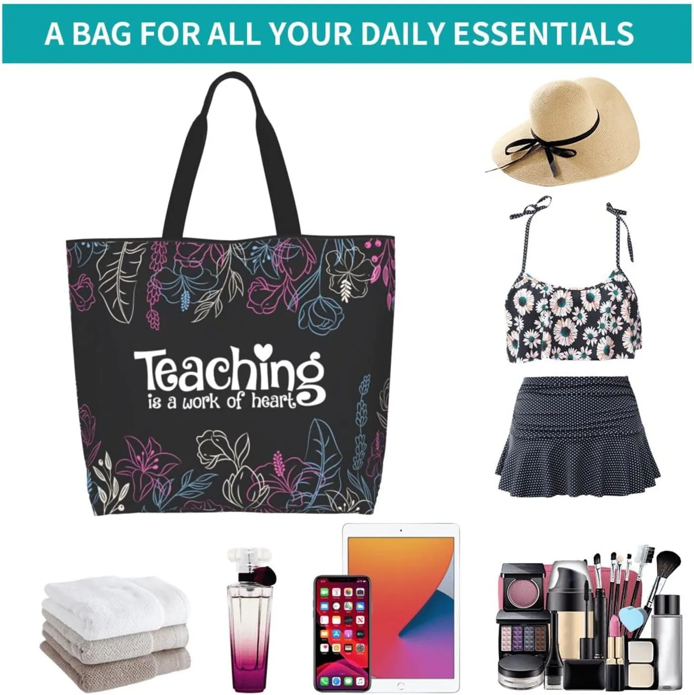 2 Pcs Teacher Appreciation Gifts Set for Women Teacher Canvas Tote Bag with Makeup Bag Reusable Grocery Bag