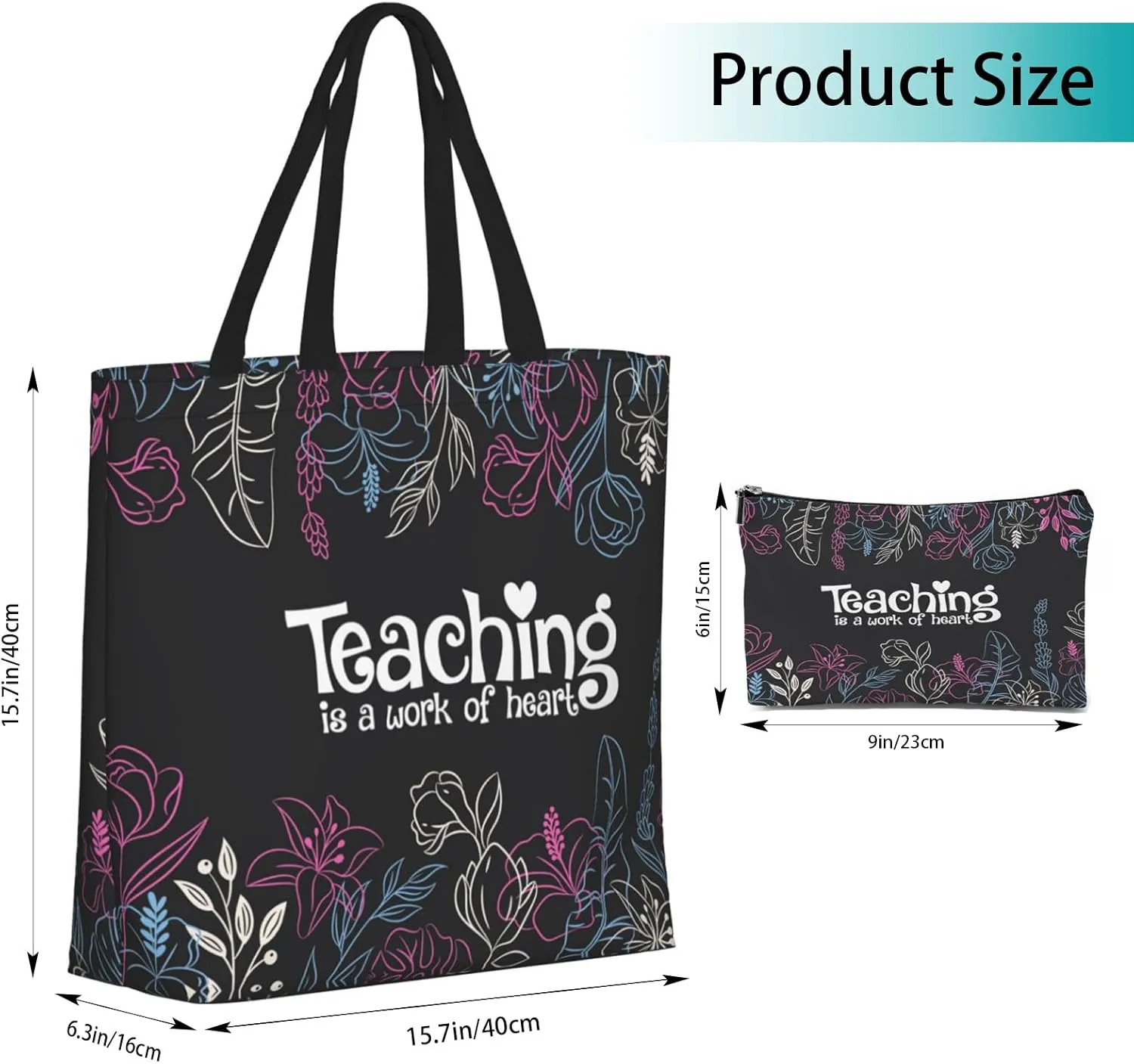 2 Pcs Teacher Appreciation Gifts Set for Women Teacher Canvas Tote Bag with Makeup Bag Reusable Grocery Bag