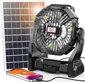 20000mAh Solar Fan with LED Lantern, 10W Solar Panel Rechargeable Battery Powered Camping Fan for Outside, 9 Inch Portable Battery Operated Hurricane Supplies for Picnic, Barbecue, Fishing, Travel
