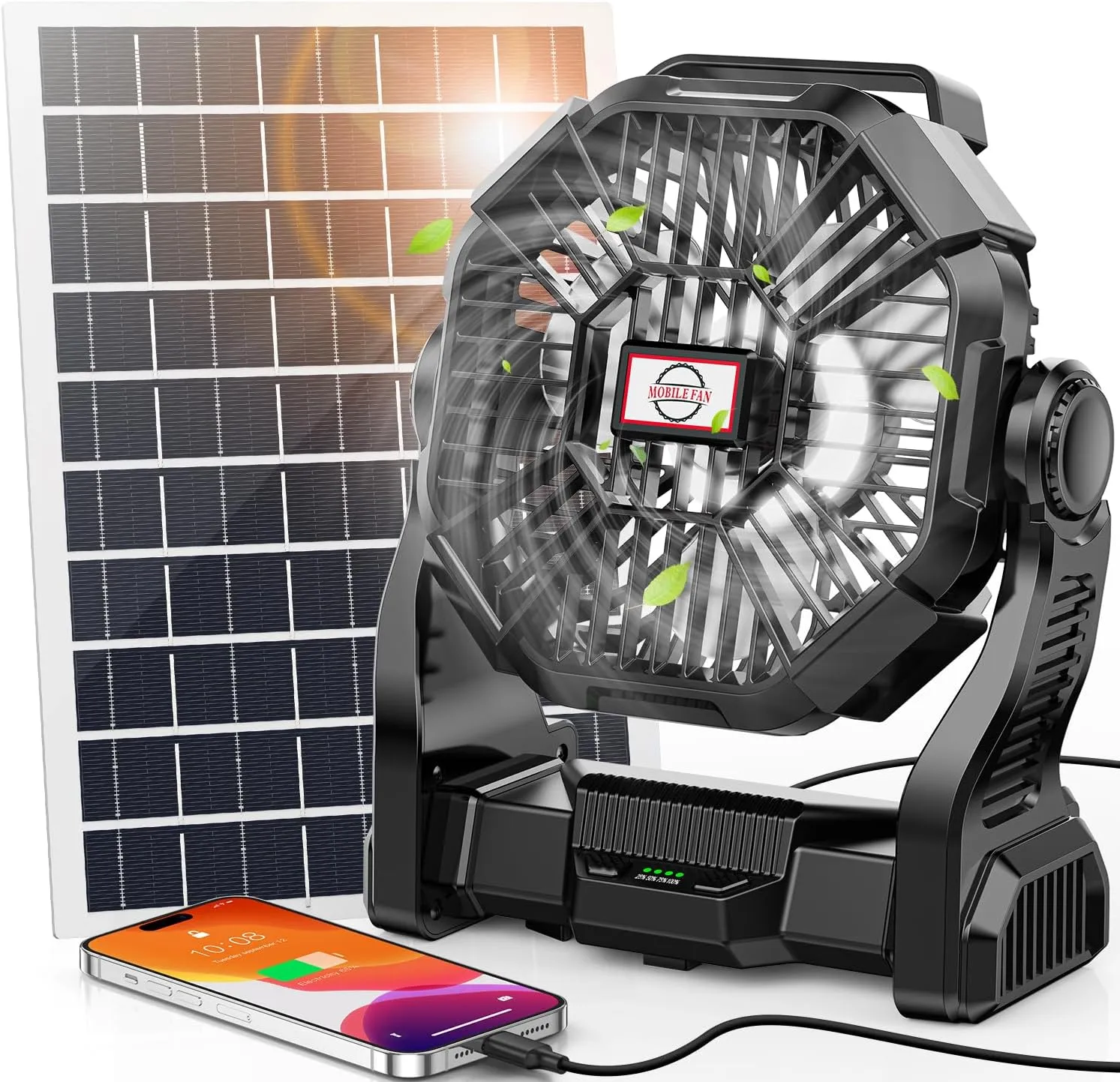 20000mAh Solar Fan with LED Lantern, 10W Solar Panel Rechargeable Battery Powered Camping Fan for Outside, 9 Inch Portable Battery Operated Hurricane Supplies for Picnic, Barbecue, Fishing, Travel
