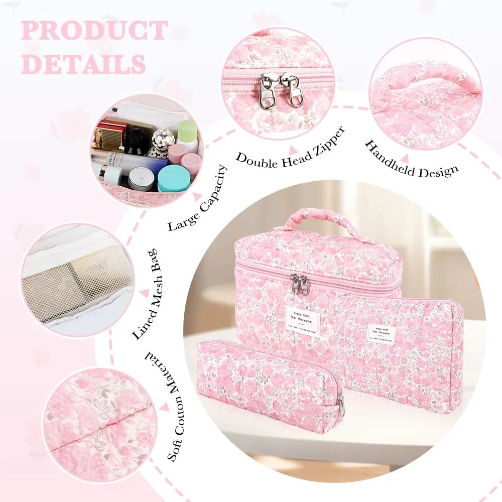 3Pcs Cotton Quilted Makeup Bag Set,Large Floral Cosmetic Bag，Aesthetic Toiletry Travel Makeup Bag Set and Cute Flower Bag for Women Girls (Pink Flower)