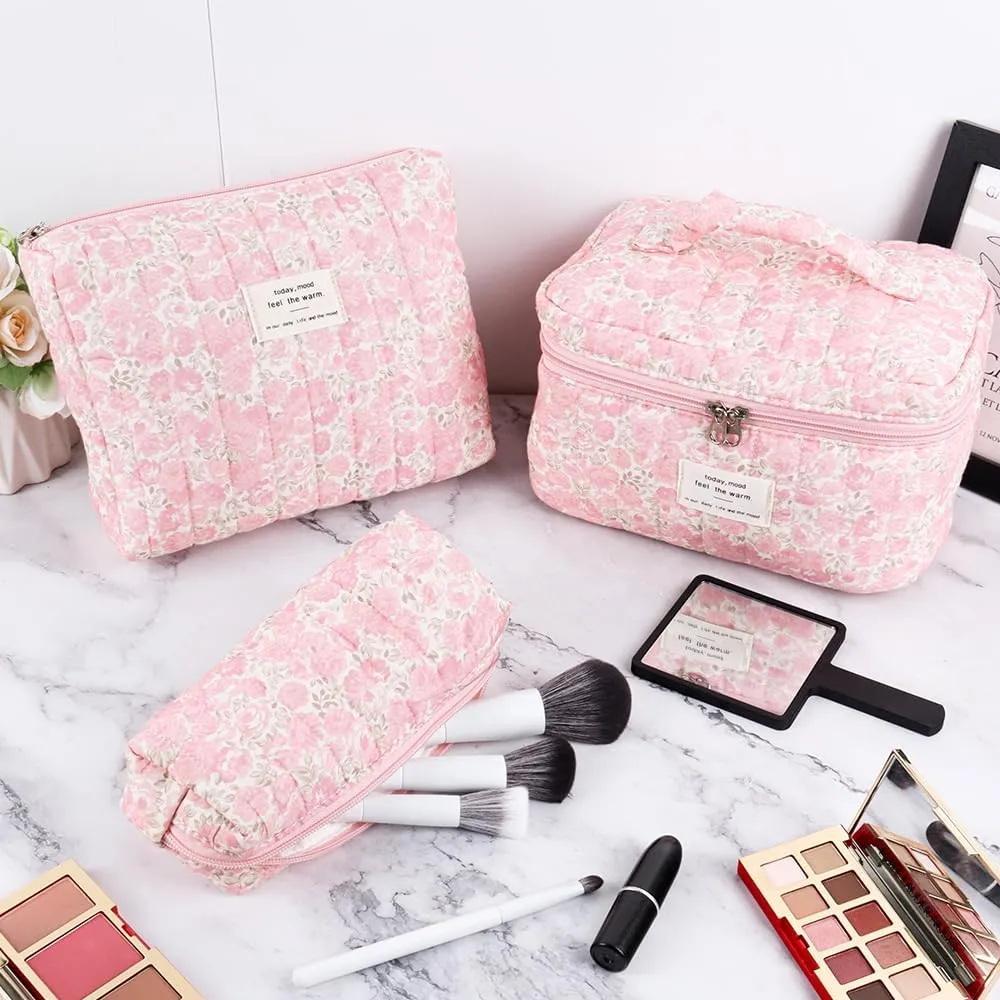 3Pcs Cotton Quilted Makeup Bag Set,Large Floral Cosmetic Bag，Aesthetic Toiletry Travel Makeup Bag Set and Cute Flower Bag for Women Girls (Pink Flower)