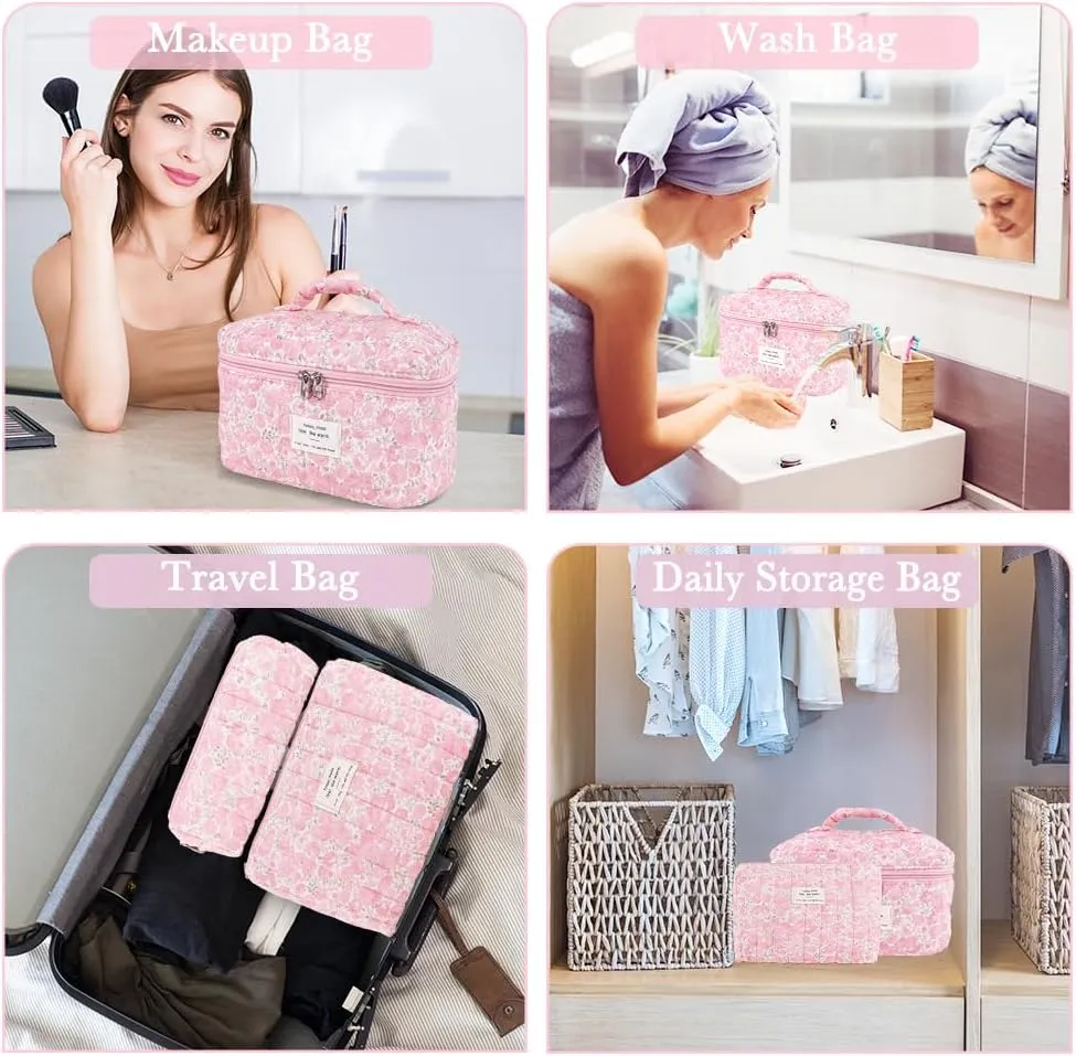 3Pcs Cotton Quilted Makeup Bag Set,Large Floral Cosmetic Bag，Aesthetic Toiletry Travel Makeup Bag Set and Cute Flower Bag for Women Girls (Pink Flower)