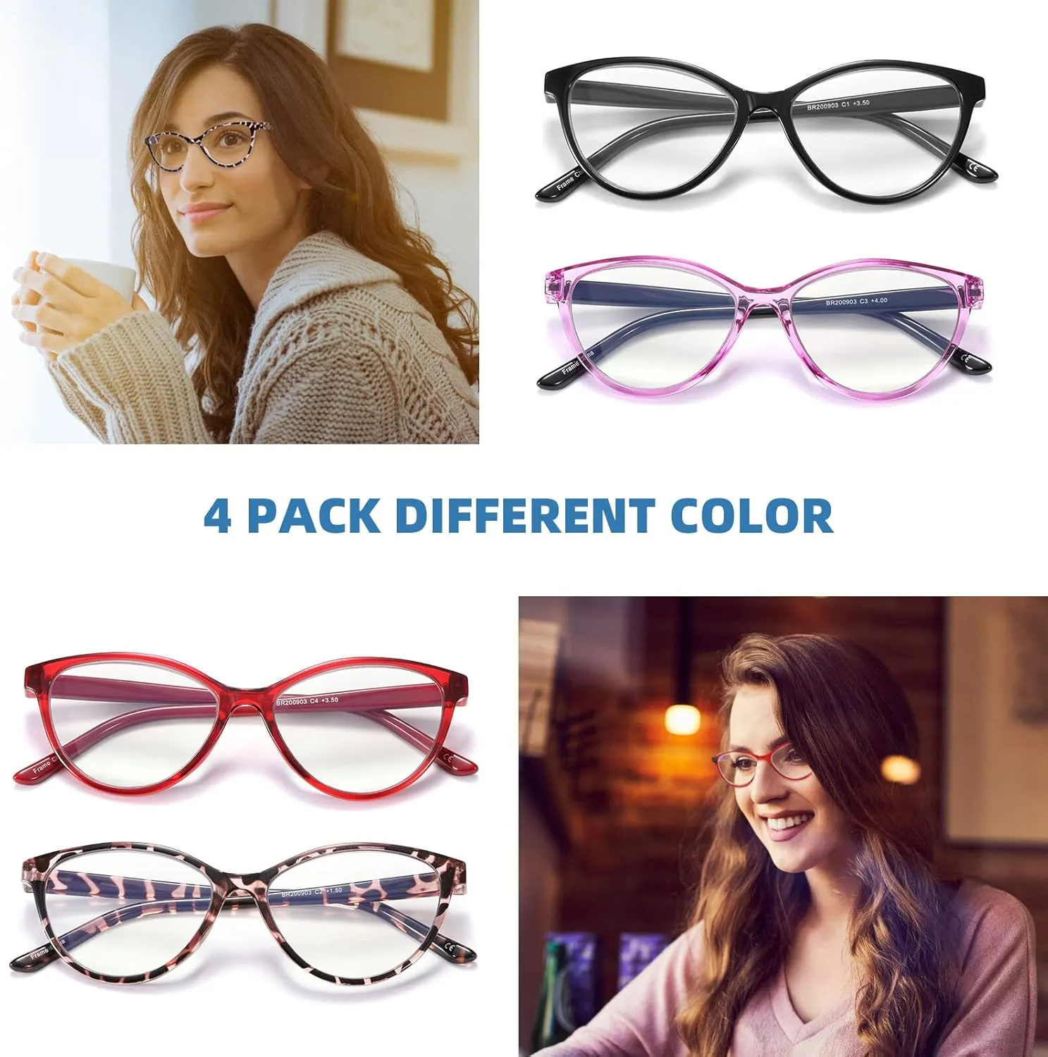 4 Pack Reading Glasses Blue Light Blocking for Women,Designer Cat Eye Frame Ladies Computer Readers,Anti Glare/UV Ray Eyeglasses 1.75