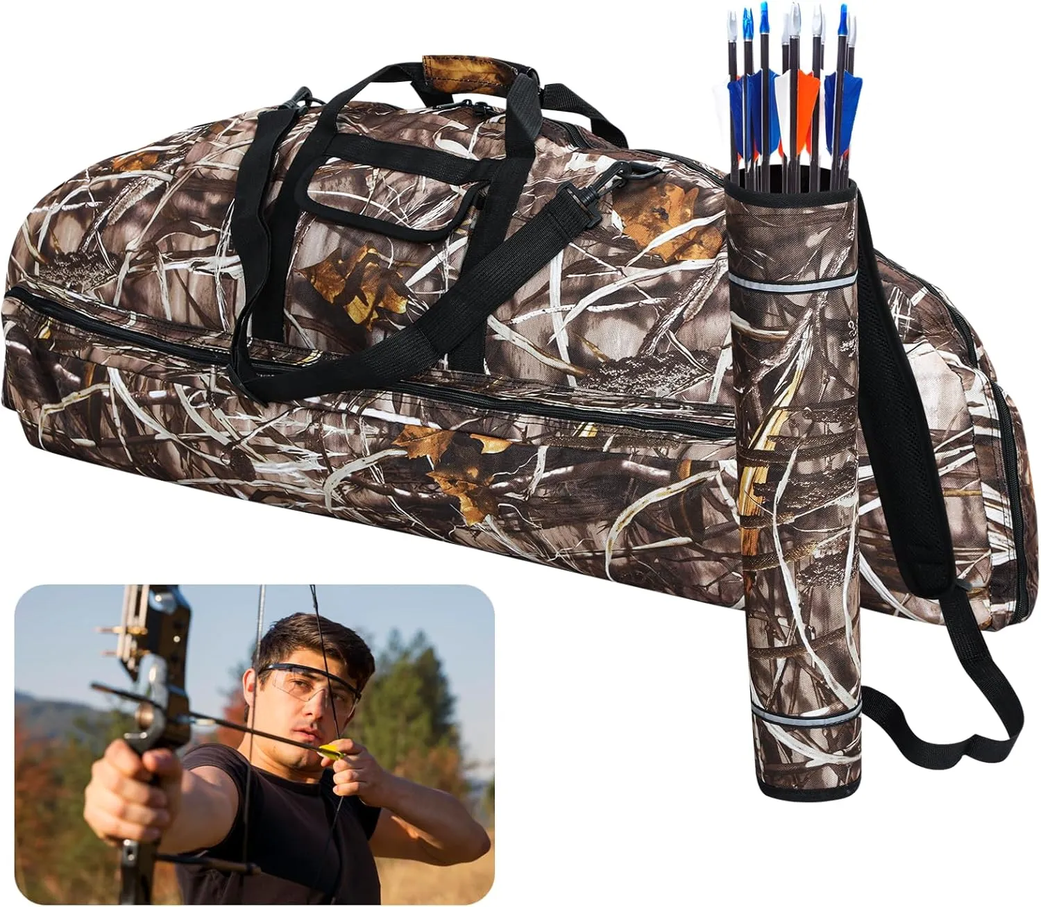 45.3*17.7Inch Compound Bow Case & Arrow Quiver, Multi-Pocket Bow Carry Bag for Archery Accessories, Protective Bow Carrying Case with Cushion Layer, Portable with Adjustable Shoulder Strap Back Straps Handles