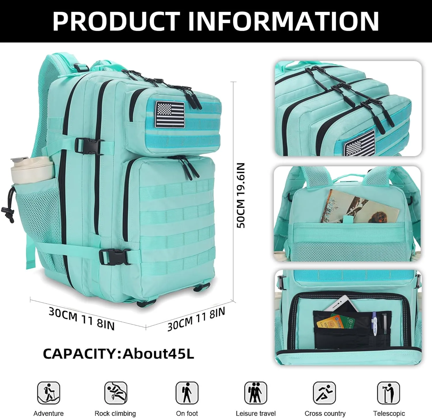 45L Tactical Assault Backpack 3 day assault pack with Molle Waterproof backpack Rucksack for Tactical Backpacks (Mint Green)