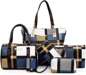 6-PC Women PU Handbag Shoulder Bag Crossbody Bag Purse Clutch Key Bag Fashion Satchel Tote Top-Handle Bag