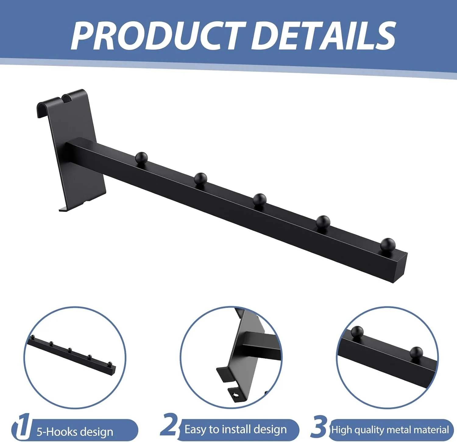 8 Pack Gridwall Waterfall Faceout with 5 Balls 12 Inch Gridwall Clothes Hanger Gridwall Waterfall Faceout Hooks Rectangular Tube Display for Wire Grid and Grid Wall (8, Black)
