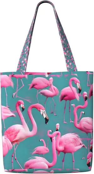 A Flock Of Flamingos Reusable Canvas Shoulder Shopping Bag With Four Closure Buckle Tote Storage Bag