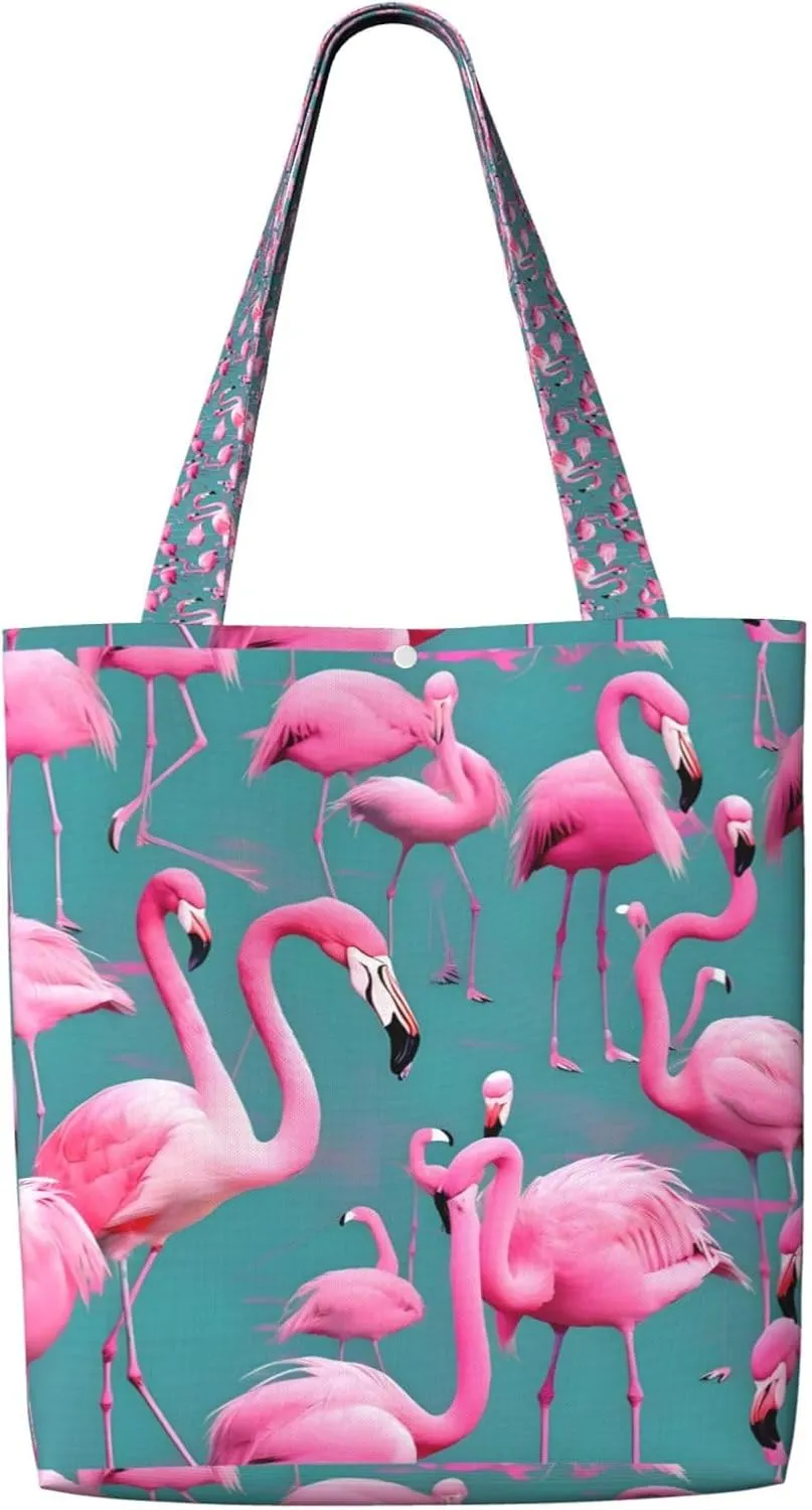 A Flock Of Flamingos Reusable Canvas Shoulder Shopping Bag With Four Closure Buckle Tote Storage Bag