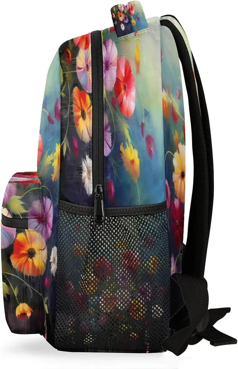 Abstract Flower Art Floral Print Travel Backpack, Large 16 Inch Laptop Bookbag Lightweight Carry-On Bag for Business Travel & Hiking