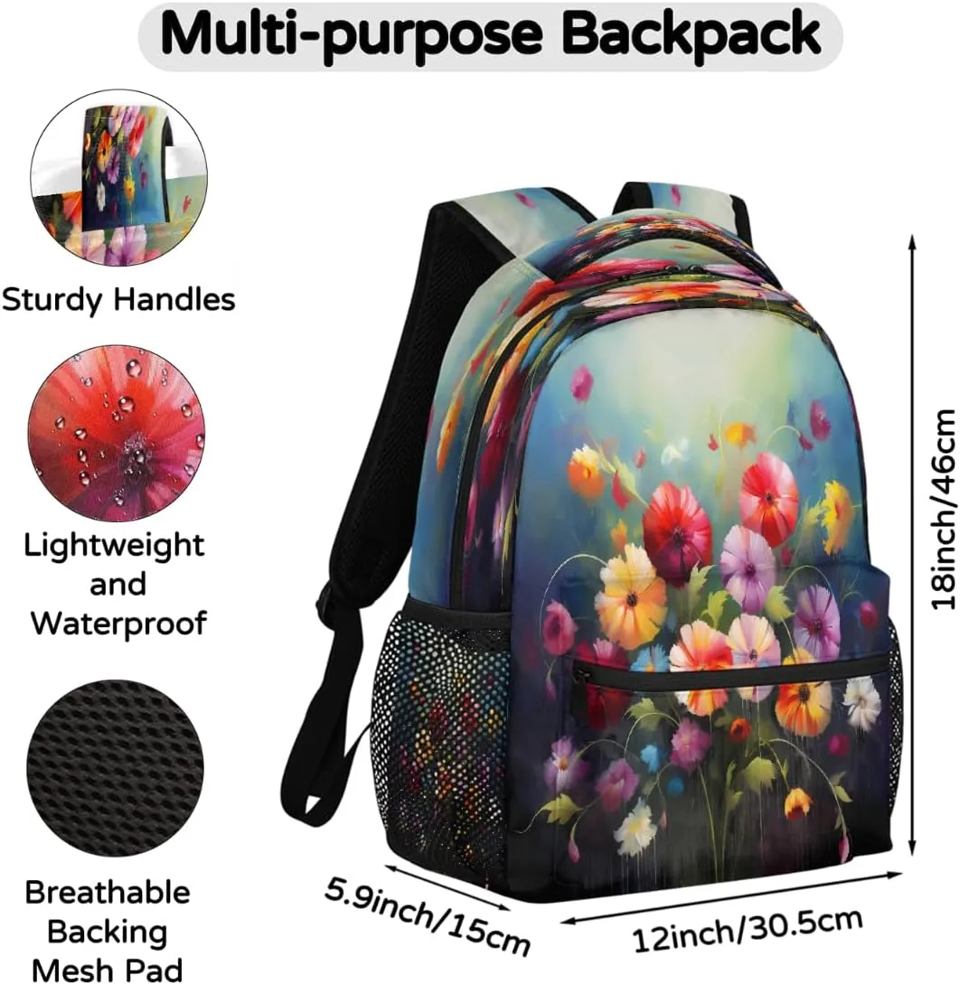 Abstract Flower Art Floral Print Travel Backpack, Large 16 Inch Laptop Bookbag Lightweight Carry-On Bag for Business Travel & Hiking