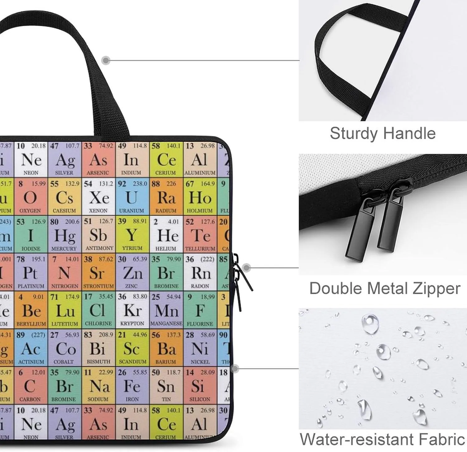 Abstract Periodic Table Funny Laptop Sleeve Bag Portable Carrying Waterproof Shockproof Notebook Cover Protector Case with Handle