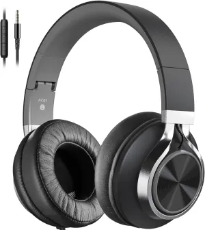 AC01 Headphones Wired Noise Isolating Over Ear, Corded Stereo Headsets with Microphone Volume Control for Adults Teens 3.5mm for Cellphones, Tablets, Laptop, Chromebook (Black Grey)