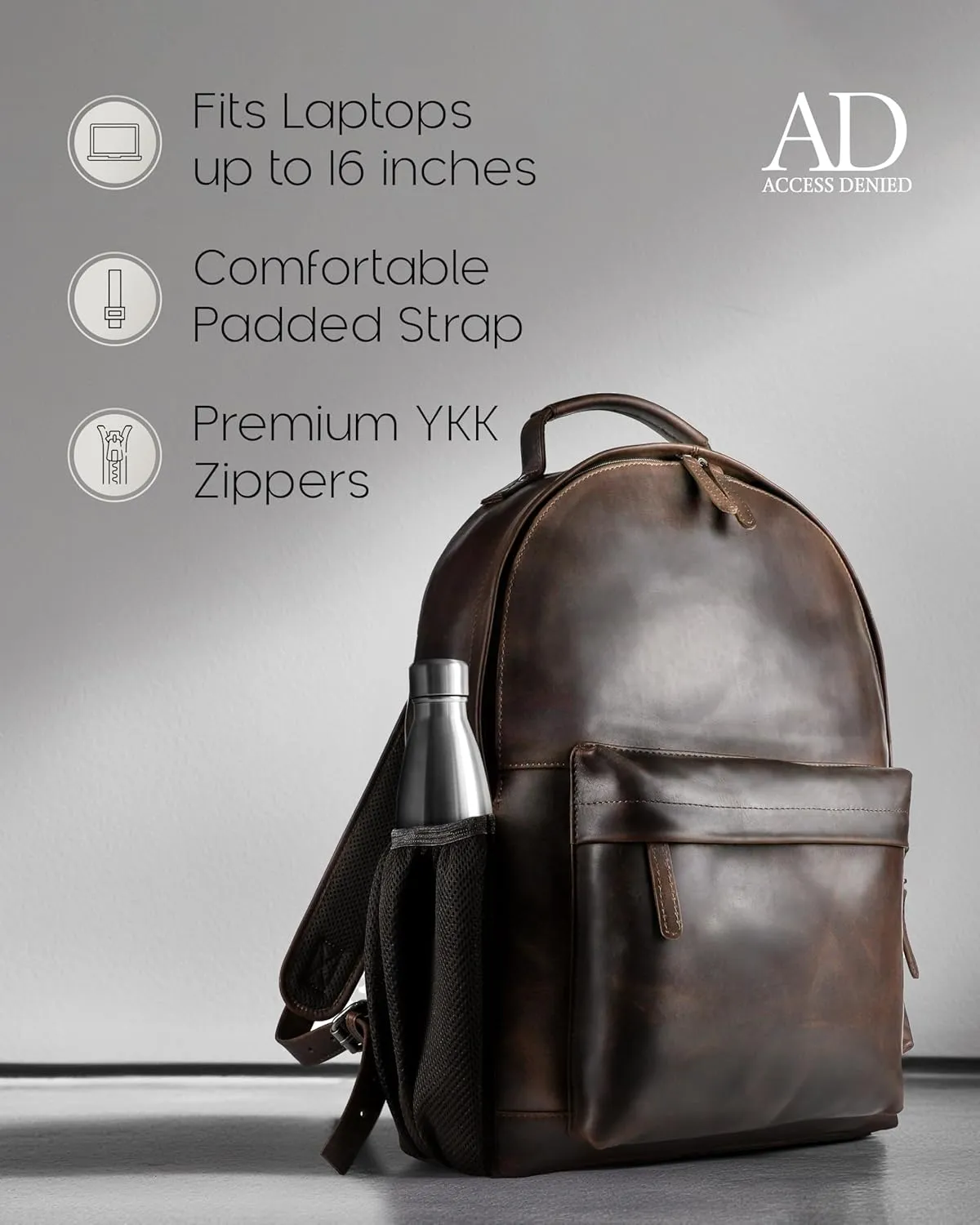 Access Denied Handmade Leather Backpack - Outer Pocket Fits 15.6" Laptop - Professional Genuine Leather Backpack for Men