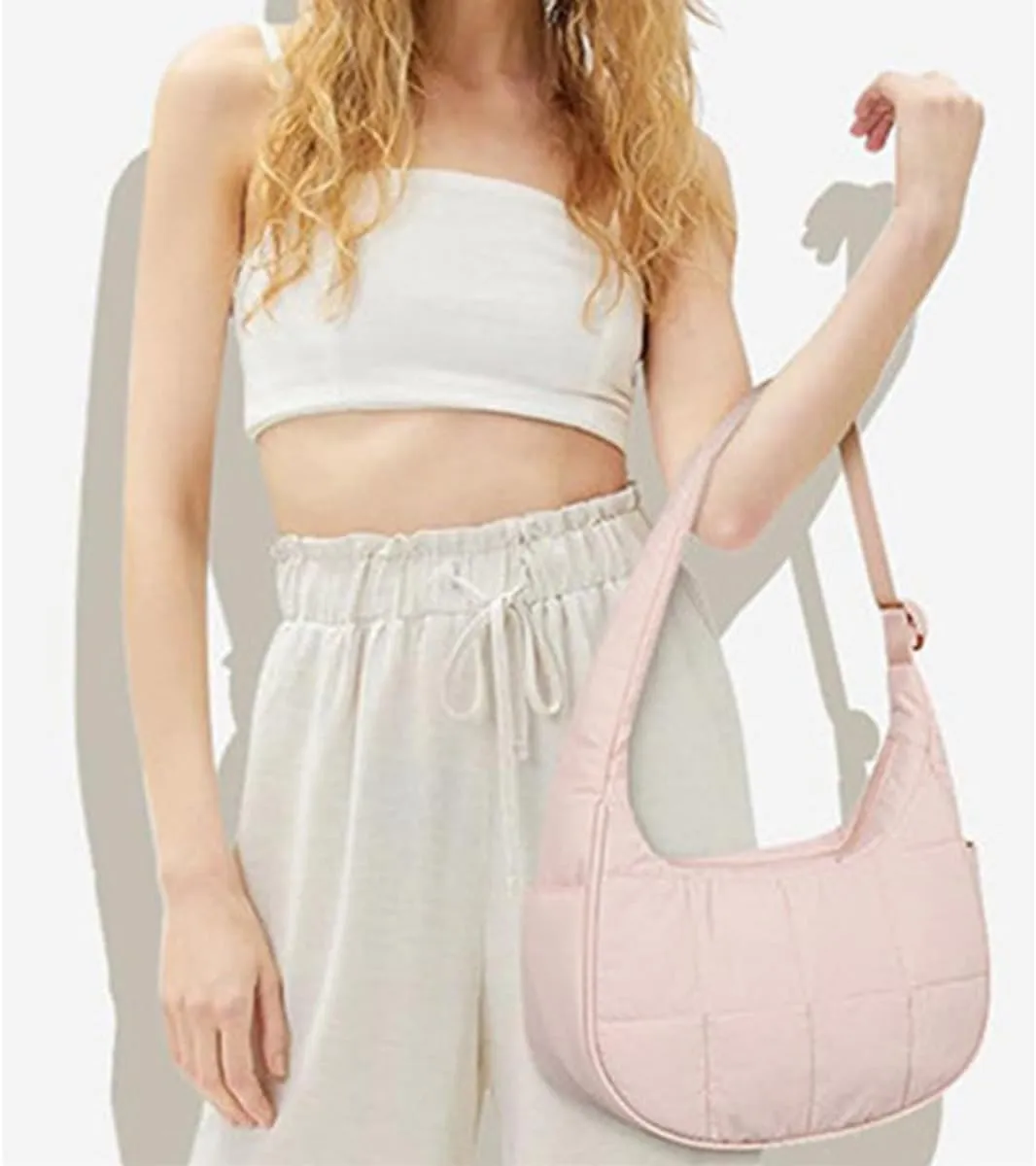 Adjustable Strap Compact Handbag for Women,Waterproof Crescent Shoulder Bag Tote Bags,Small Nylon Quilted Hobo Purse