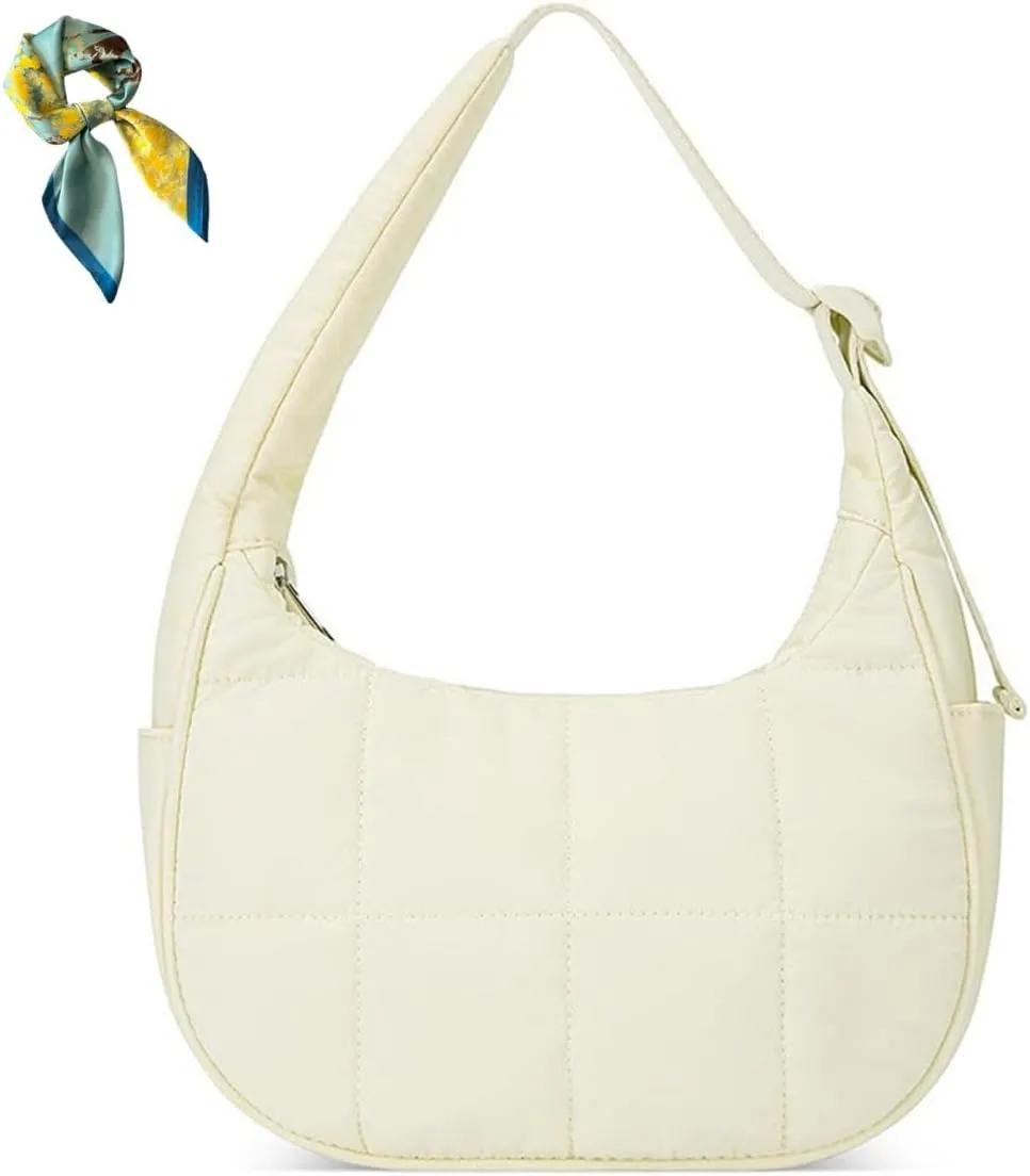 Adjustable Strap Compact Handbag for Women,Waterproof Crescent Shoulder Bag Tote Bags,Small Nylon Quilted Hobo Purse