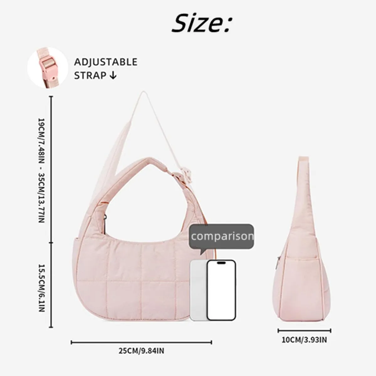Adjustable Strap Compact Handbag for Women,Waterproof Crescent Shoulder Bag Tote Bags,Small Nylon Quilted Hobo Purse