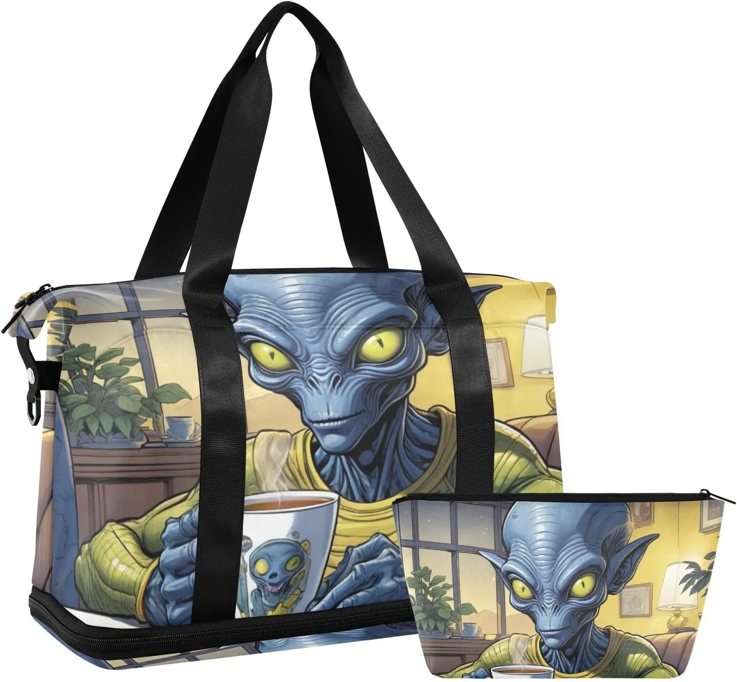 AIXIWAWA Blue Alien Duffel Bag Set with Shoes Compartment Trolley Sleeve Removeable Strap for Workout Travel Gym