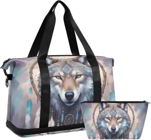 AIXIWAWA Dreamcatcher Wolf Duffel Bag Set with Shoes Compartment Trolley Sleeve Removeable Strap for Workout Travel Gym