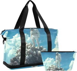 AIXIWAWA Duffel Bag Astronaut and Skulls Print for Travel Gym with Shoes Compartment Large Capacity with Toiletry Bag