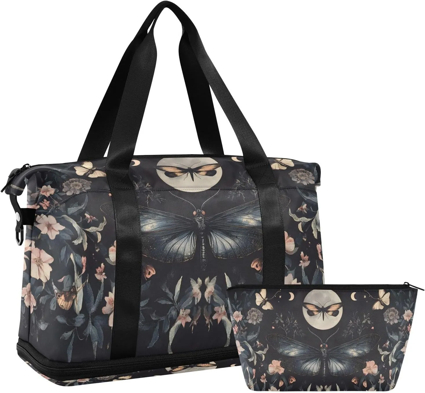 AIXIWAWA Duffel Bag Gothic Butterfly Floral Print with for Travel Gym with Shoes Compartment Large Capacity with Toiletry Bag