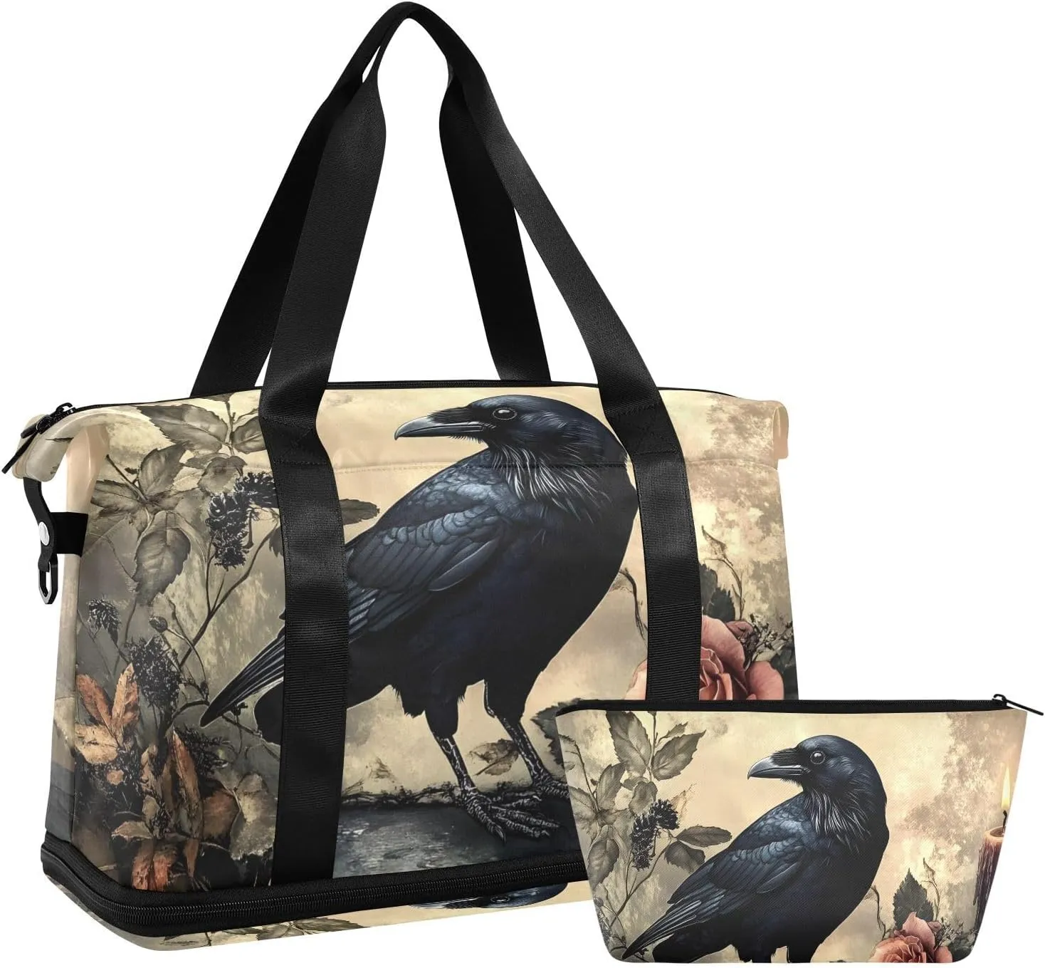 AIXIWAWA Duffel Bag Gothic Crow Rose Print with for Travel Gym with Shoes Compartment Large Capacity with Toiletry Bag