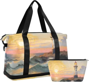 AIXIWAWA Lighthouse Landscape Duffel Bag Set with Shoes Compartment Trolley Sleeve Removeable Strap for Workout Travel Gym