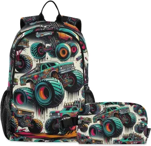 ALAZA Monster Trucks Graffiti Backpack and Lunch Bag Set for Boys Girls School Bookbag Cooler Kits