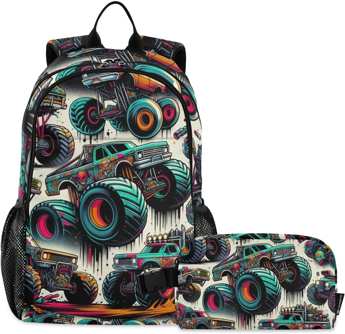 ALAZA Monster Trucks Graffiti Backpack and Lunch Bag Set for Boys Girls School Bookbag Cooler Kits
