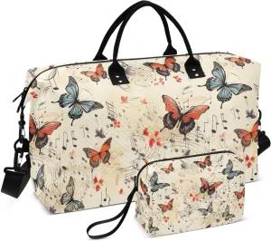 ALAZA Musical Notes Butterflies Vintage Travel Duffel Bag Gym Bag Sports Tote Bag Weekender Overnight Travel Bag for Women Men Business Trip Workout