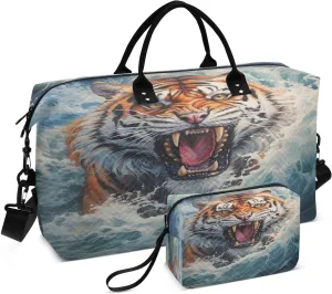 ALAZA Roar Tiger and Ocean Waves Travel Duffel Bag Gym Bag Sports Tote Bag Weekender Overnight Travel Bag for Women Men Business Trip Workout