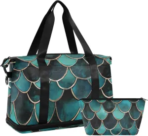 ALAZA Teal Color Mermaid Scale Gym Bag Sports Duffel Bag with Shoes Compartment, Overnight Weekender Travel Tote Bag for Women Men Trip College