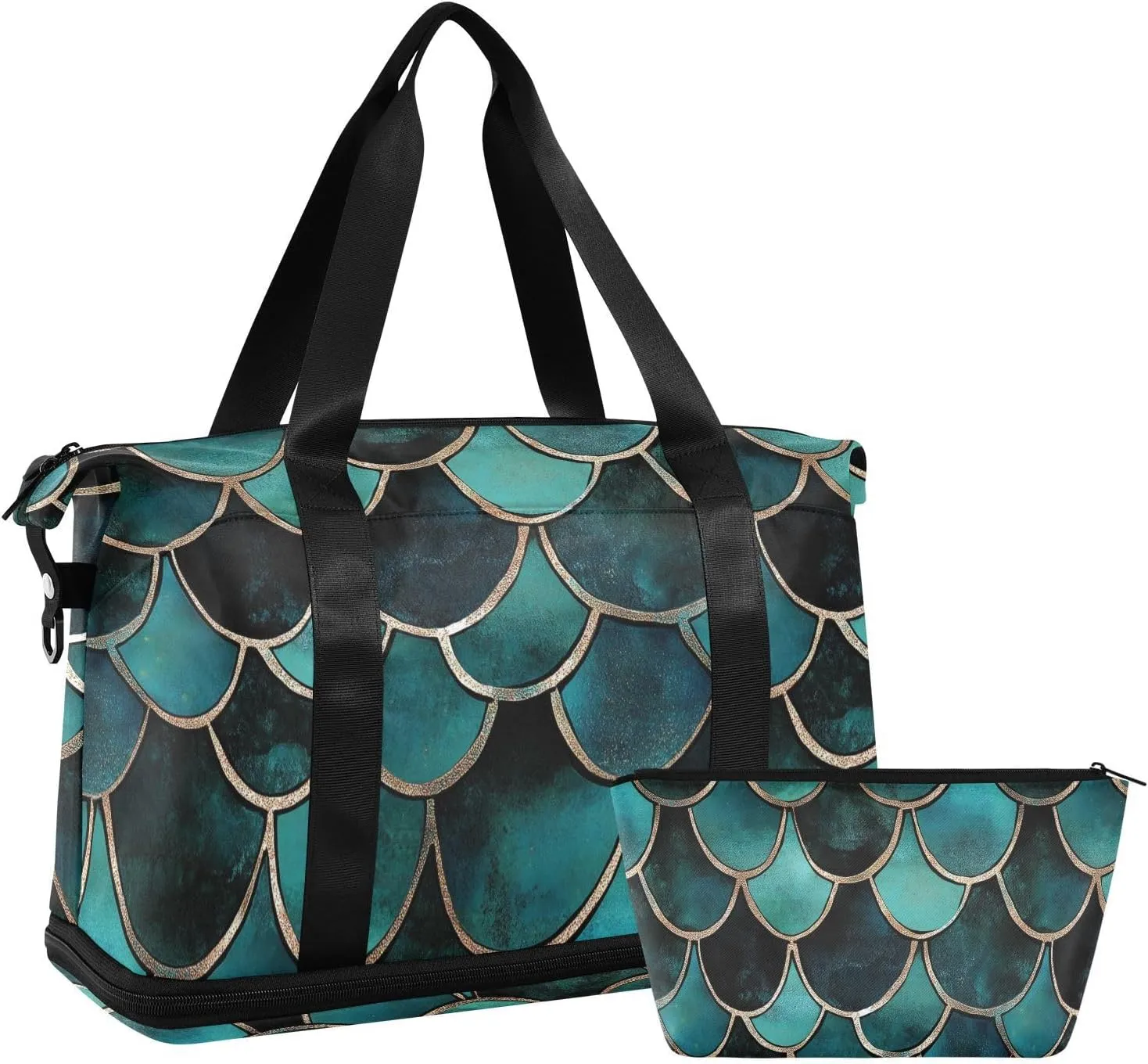 ALAZA Teal Color Mermaid Scale Gym Bag Sports Duffel Bag with Shoes Compartment, Overnight Weekender Travel Tote Bag for Women Men Trip College