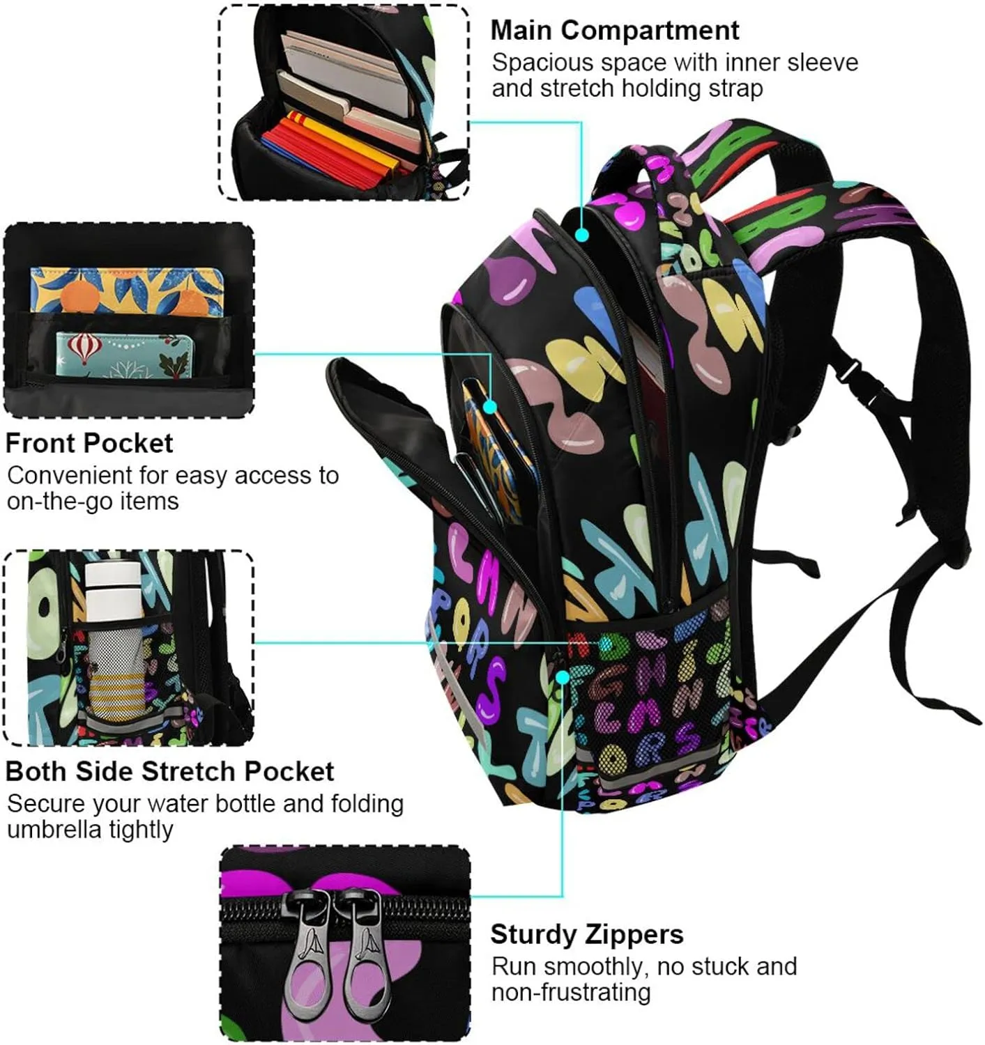 Alphabet Backpack for Girls Kids Boys School Bookbags, Student Laptop Backpack Carrying Bag Casual Lightweight Travel Sports Day Packs