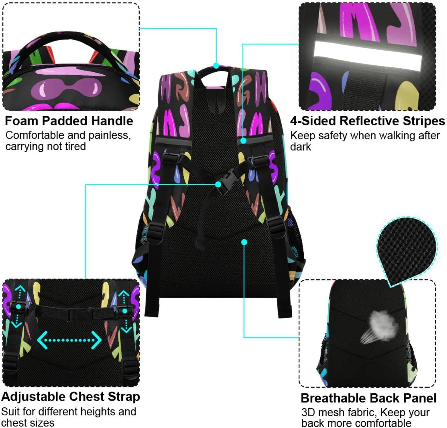 Alphabet Backpack for Girls Kids Boys School Bookbags, Student Laptop Backpack Carrying Bag Casual Lightweight Travel Sports Day Packs