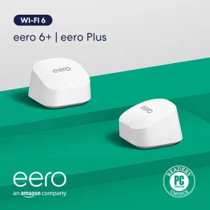 Amazon eero 6  mesh wifi system with 1 month free eero Plus (auto-renews) - Coverage up to 3,000 sq. ft., Connect 75  devices, 2-pack