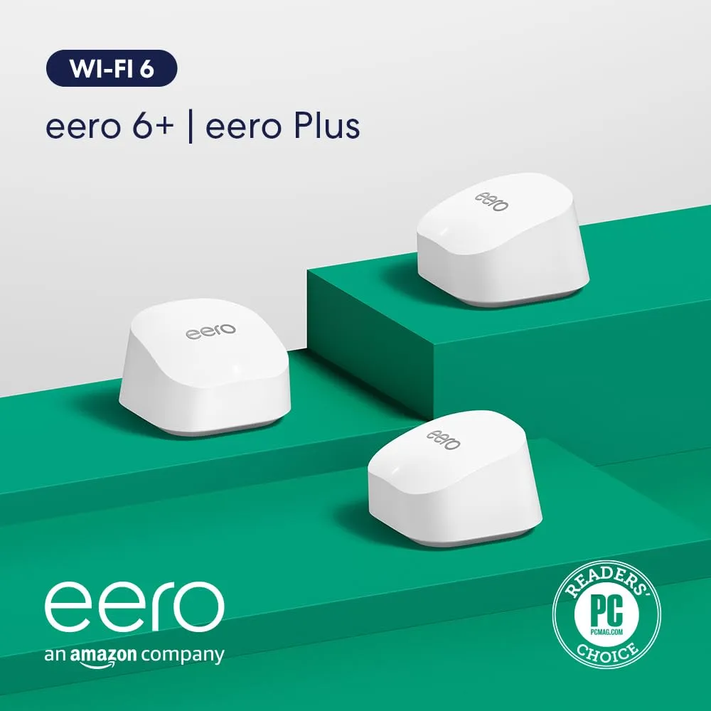 Amazon eero 6  mesh wifi system with 1 month free eero Plus (auto-renews) - Coverage up to 4,500 sq. ft., Connect 75  devices, 3-pack