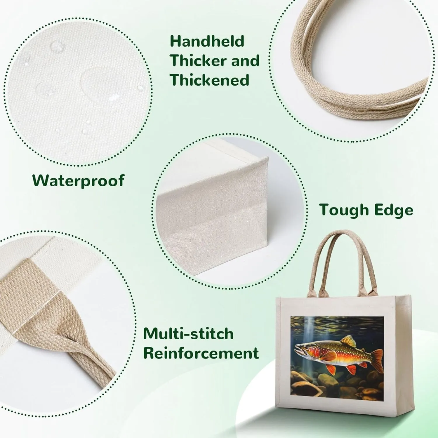 AMAZWI Brook Trout Fishing Wave Canvas Tote Bag For Women, Aesthetics Gifts Bag Travel Tote Handbags Shopping Daily Working